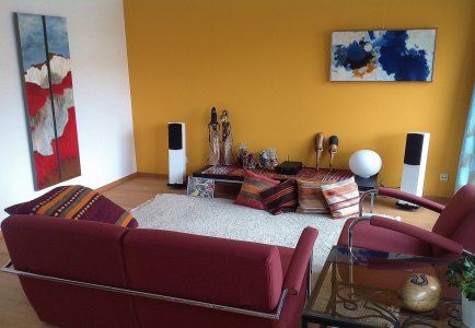 Aardegele muur en een steenrode bank: kleur ideeën voor de woonkamer