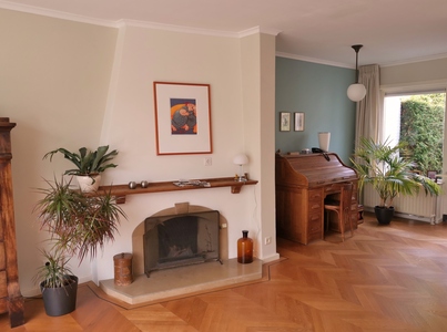 Opvallende haard tussen zandtint en blauw wandje