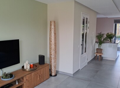 Woonkamerwand in zachtgroen, naturel en roze